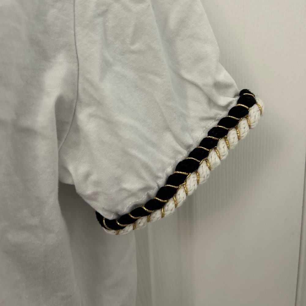 White Cropped T-shirt with Black, White and Gold Braided Details, Sz L - Picture 3 of 4